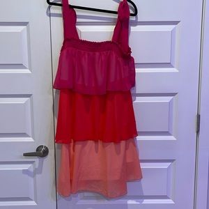 Pink, Red, and Orange ruffled dress. Tie sleeves. Size large, new with tags!